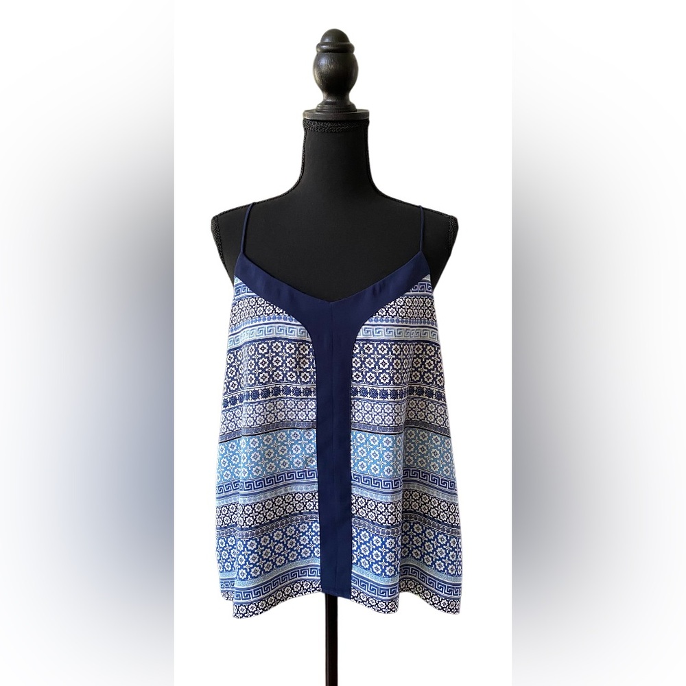 Fleur Bleue: Blue and White Boho Sleeveless Spaghetti Strap Camisole